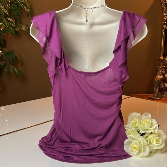 🍇EXPRESS WINE COLORED RUFFLED V NECK TOP SIZE SMALL PETITE - Picture 10 of 13